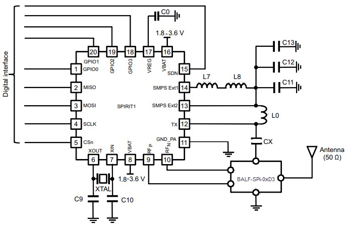 Application Circuit Diagram - STMicroelectronics BALF-SPI-0xD3 Balun Transformers
